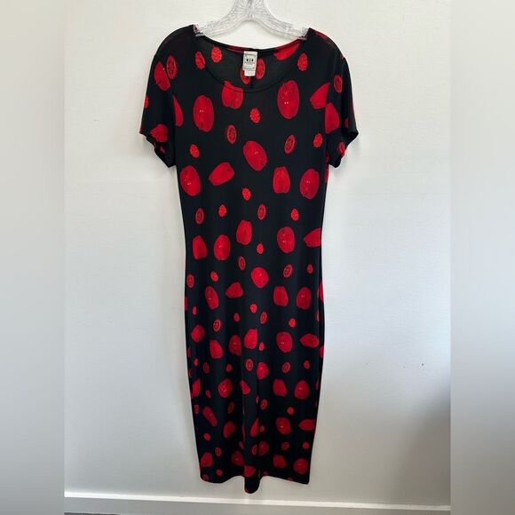 Vintage 90’s Black & Red Fruit Print Short Sleeve Body Con Maxi Slip Dress M - Picture 4 of 7